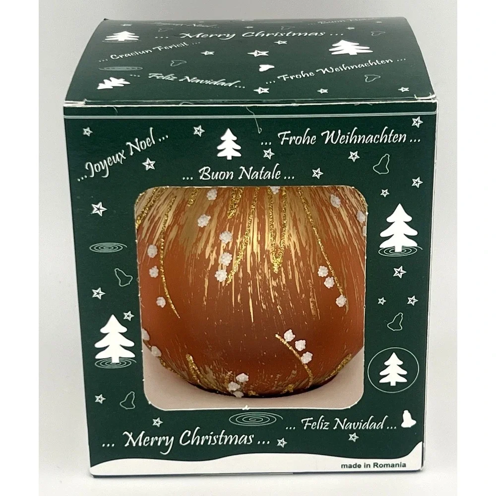 Orange Blown Glass Christmas Ornament Snow Falling Gold Glitter Made in Romania